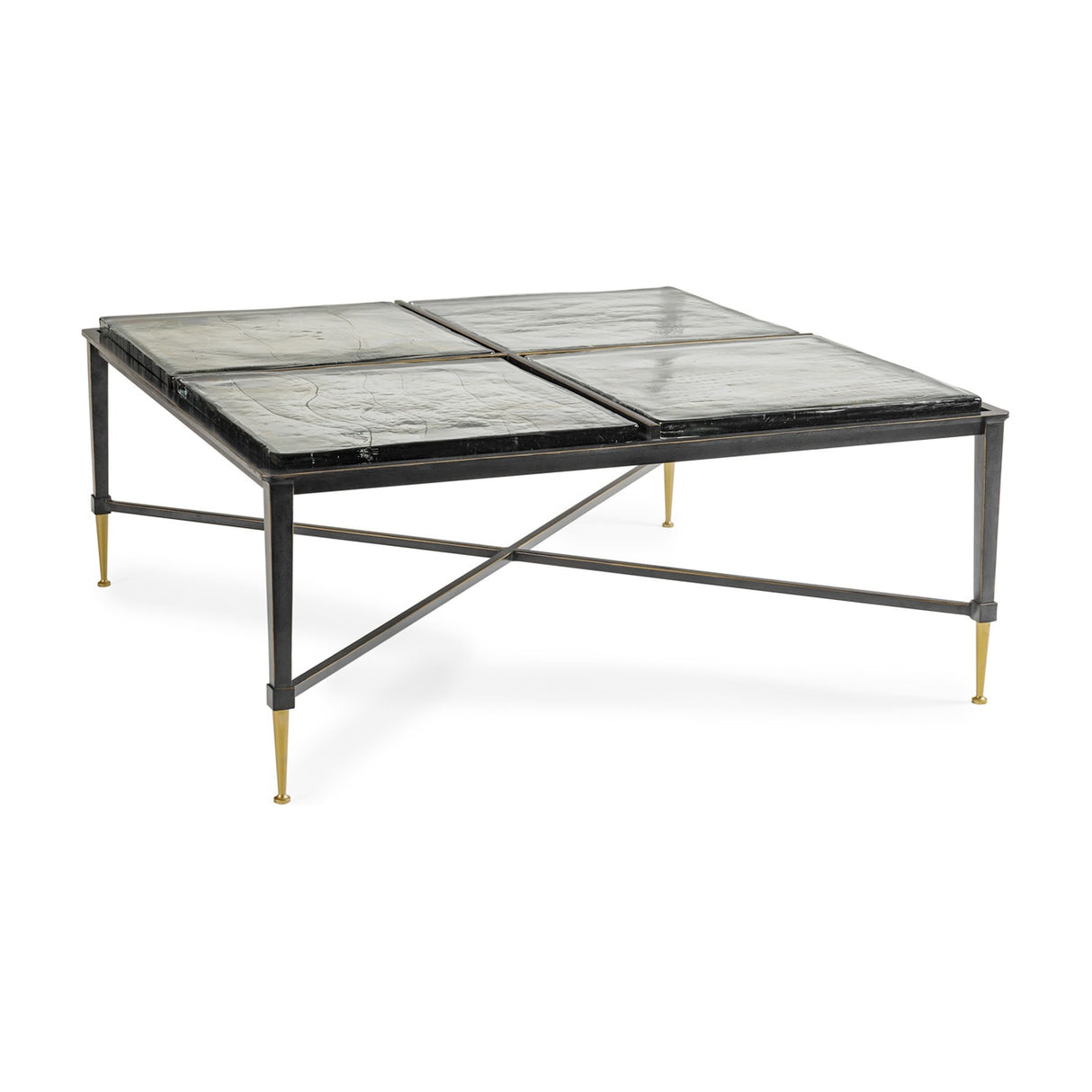 Libra Interiors Textured Glass Square Coffee Table in black with four brick-patterned glass slabs, iron frame, crossbar, and brass-toned tapered feet.
