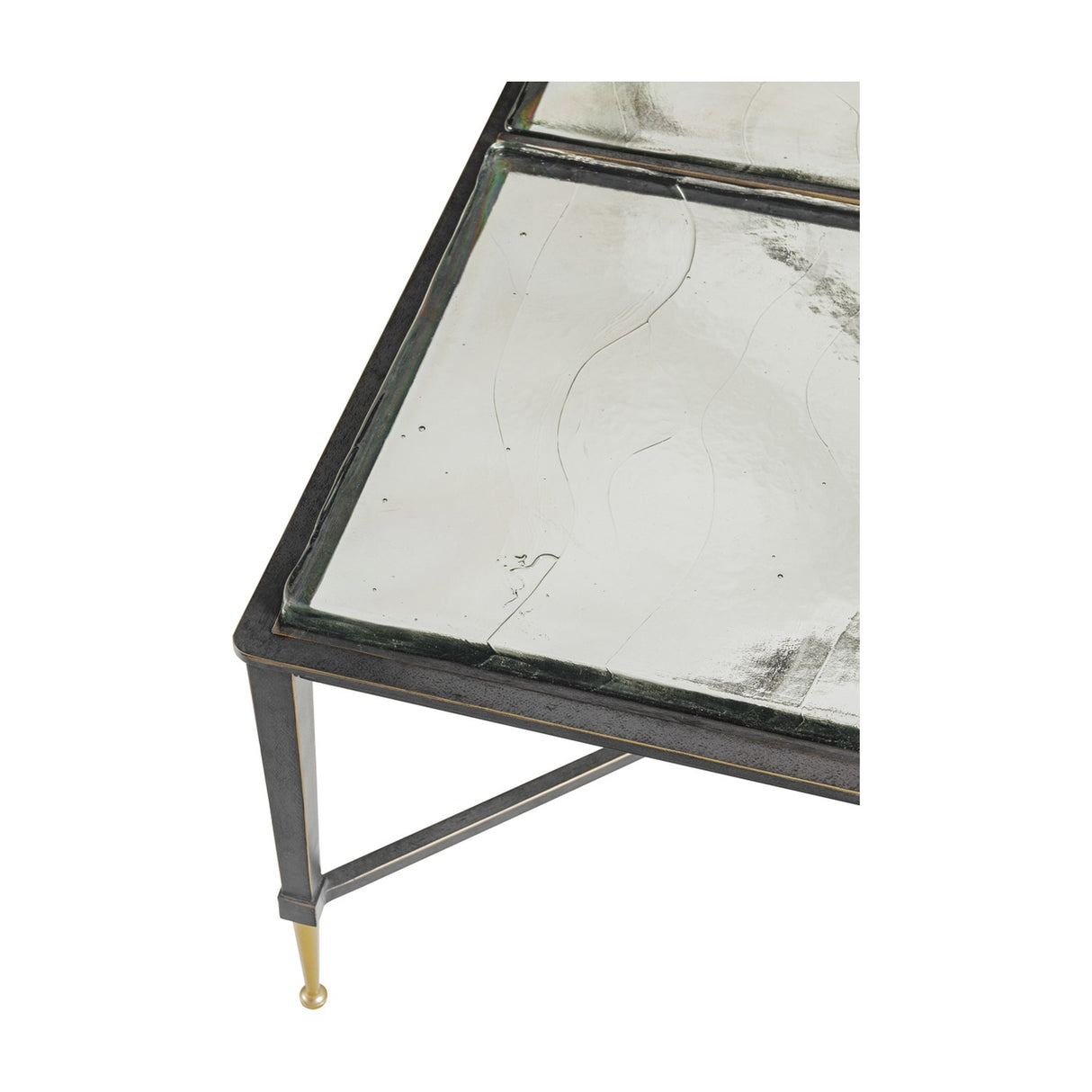 Libra Interiors Textured Glass Square Coffee Table in black with thick brick-patterned glass top, slender iron frame and brass-toned tapered feet.