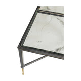 Libra Interiors Textured Glass Square Coffee Table in black with thick brick-patterned glass top, slender iron frame and brass-toned tapered feet.