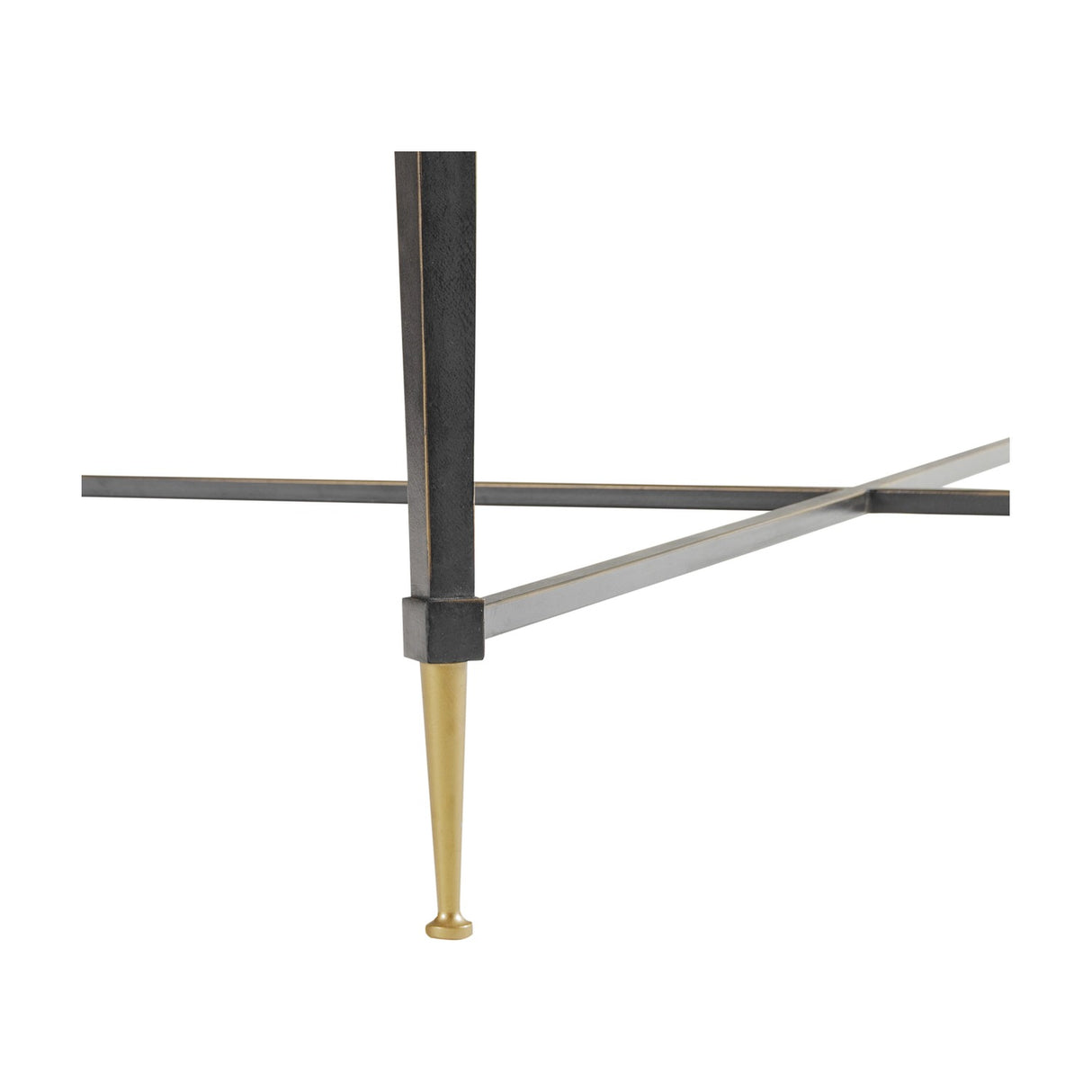 Close-up of the Libra Interiors Textured Glass Square Coffee Table base, showing the black iron frame, crossbar detail and brass-toned tapered leg.
