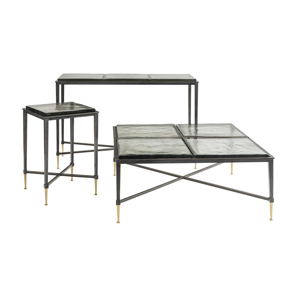 Libra Interiors Textured Glass Square Coffee Table in black with matching side table and console, iron frames with brass-toned tapered feet, on white.