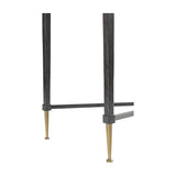 Close-up of the Libra Interiors Textured Glass Square Coffee Table showing black iron legs with brushed finish and brass-toned tapered feet.