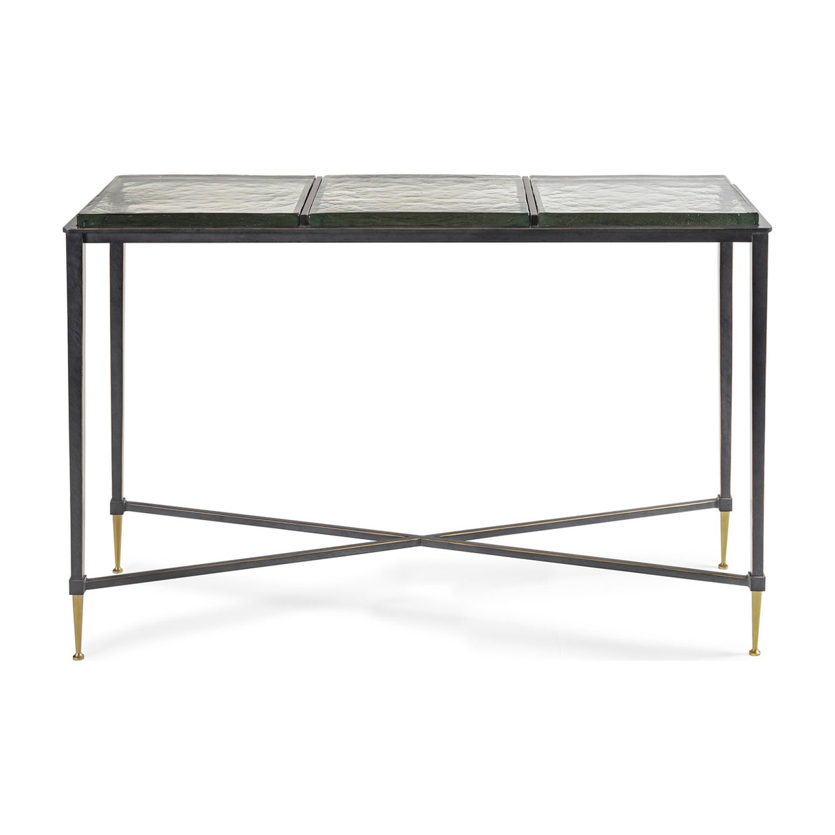 Libra Interiors Textured Glass and Iron Console Table with three-panel brick-pattern glass top, black iron frame, X-crossbar and brass-tipped tapered legs.