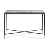 Libra Interiors Textured Glass and Iron Console Table with three-panel brick-pattern glass top, black iron frame, X-crossbar and brass-tipped tapered legs.