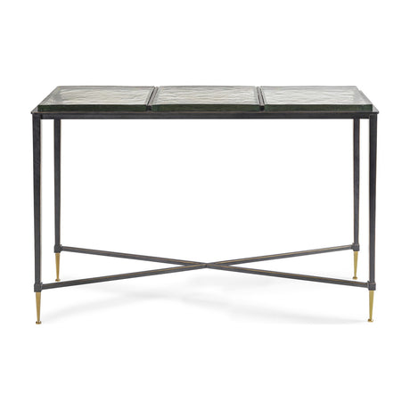 Libra Interiors Textured Glass and Iron Console Table with three-panel brick-pattern glass top, black iron frame, X-crossbar and brass-tipped tapered legs.