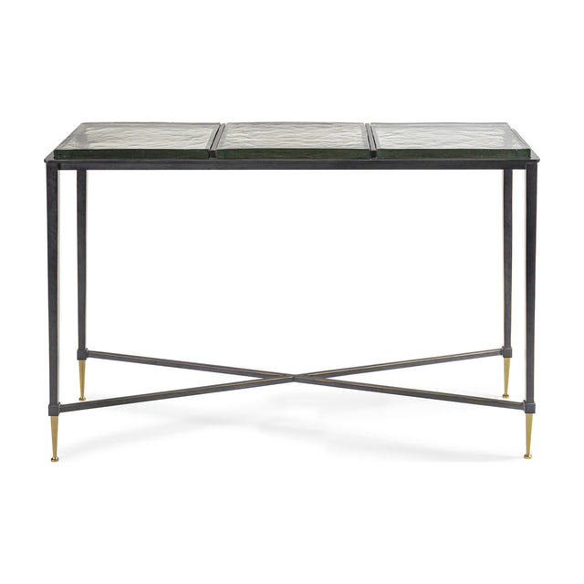 Libra Interiors Textured Glass and Iron Console Table with three-panel brick-pattern glass top, black iron frame, X-crossbar and brass-tipped tapered legs.