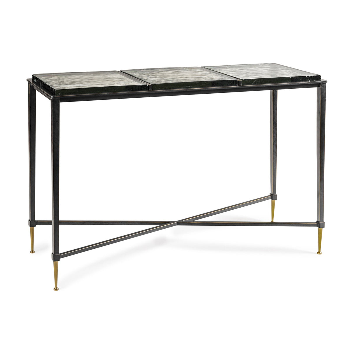 Libra Interiors Textured Glass and Iron Console Table with three-panel brick-pattern glass top, black iron frame, X-crossbar and brass-tipped tapered legs.
