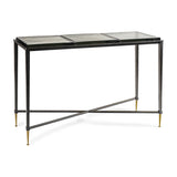 Libra Interiors Textured Glass and Iron Console Table with three-panel brick-pattern glass top, black iron frame, X-crossbar and brass-tipped tapered legs.