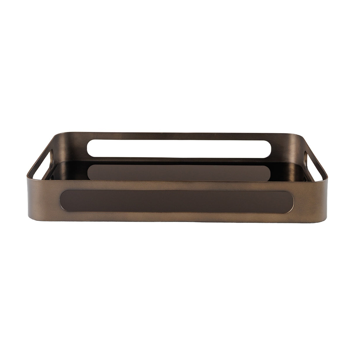 Libra Interiors Smoked Gold Glass Serving Tray with bronze rectangular iron frame, cut-out handles and black tinted mirrored glass base on white.