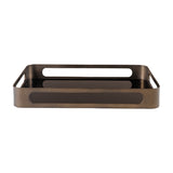 Libra Interiors Smoked Gold Glass Serving Tray with bronze rectangular iron frame, cut-out handles and black tinted mirrored glass base on white.