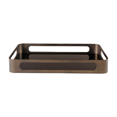 Libra Interiors Smoked Gold Glass Serving Tray with bronze rectangular iron frame, cut-out handles and black tinted mirrored glass base on white.
