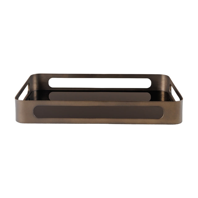 Libra Interiors Smoked Gold Glass Serving Tray with bronze rectangular iron frame, cut-out handles and black tinted mirrored glass base on white.