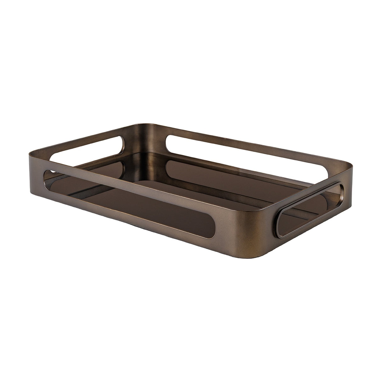 Libra Interiors Smoked Gold Glass Serving Tray with bronze rectangular iron frame, cut-out handles and black tinted mirrored glass base on white.