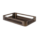 Libra Interiors Smoked Gold Glass Serving Tray with bronze rectangular iron frame, cut-out handles and black tinted mirrored glass base on white.
