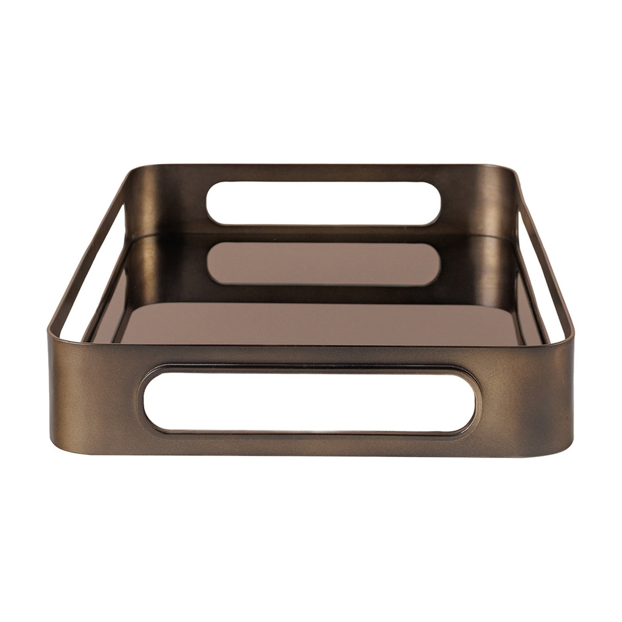 Libra Interiors Smoked Gold Glass Serving Tray in bronze with iron frame, cut-out handles and black tinted mirrored glass base on a white background.