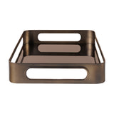 Libra Interiors Smoked Gold Glass Serving Tray in bronze with iron frame, cut-out handles and black tinted mirrored glass base on a white background.