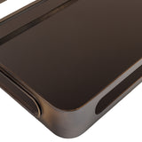 Close-up of the Libra Interiors Smoked Gold Glass Serving Tray in bronze, showing the black tinted glass base, rounded corner and cut-out handle.