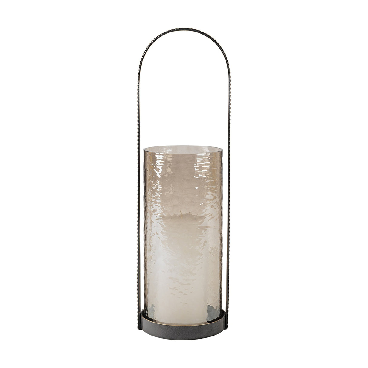 Libra Interiors Hammered Glass Arched Handle Hurricane Lantern in brown with textured glass cylinder, pillar candle and tall twisted iron handle.