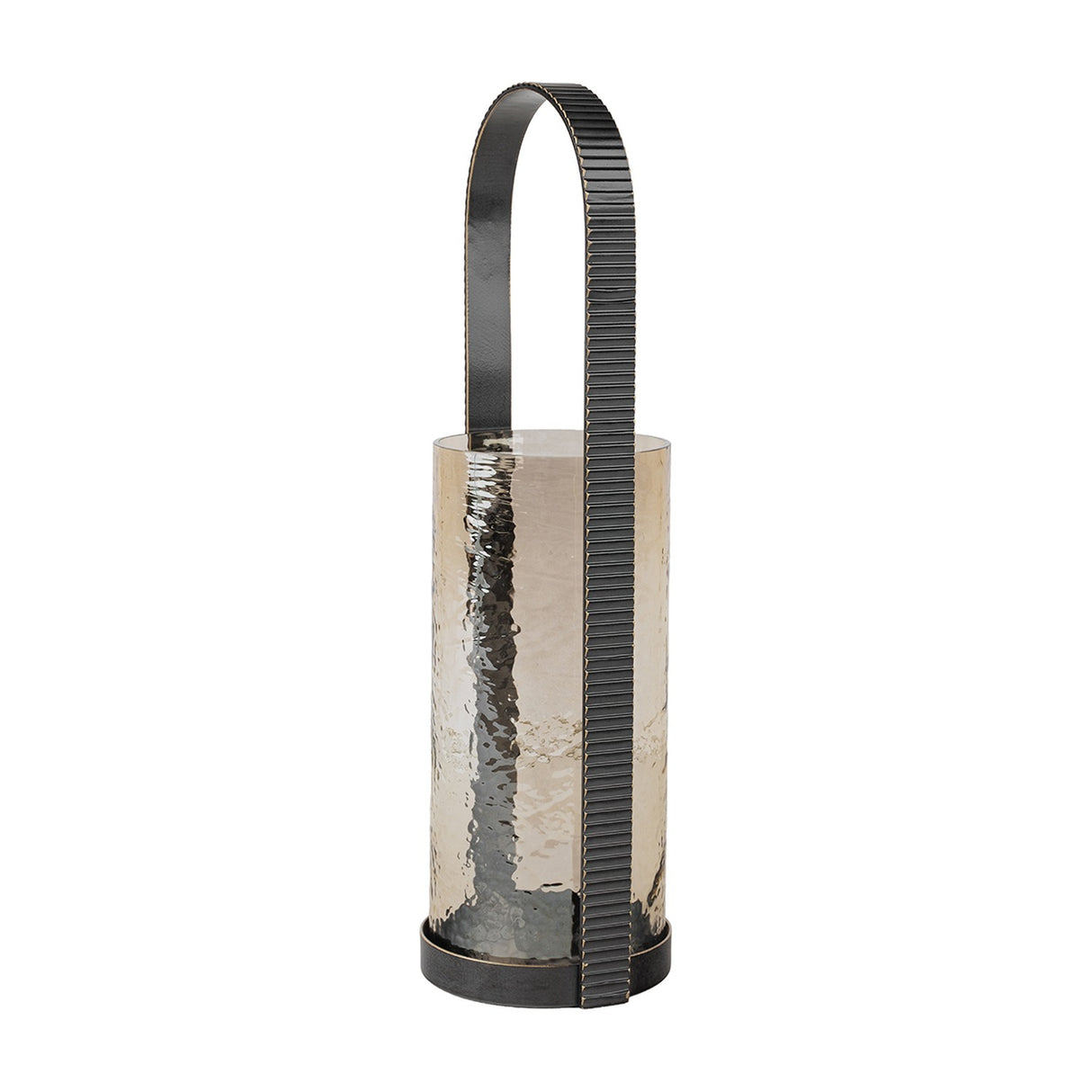 Libra Interiors Hammered Glass Arched Handle Hurricane Lantern in brown, with a copper-toned textured glass cylinder and corrugated iron arched handle.