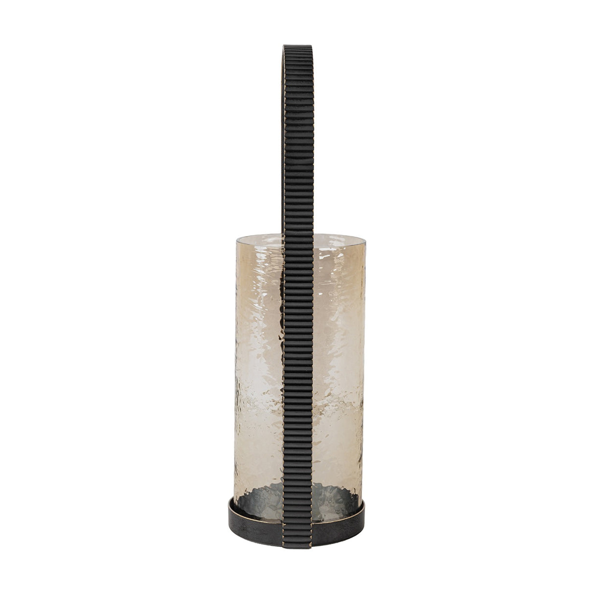 Libra Interiors Hammered Glass Arched Handle Hurricane Lantern in brown with textured glass cylinder and tall corrugated iron handle on a white background.