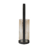 Libra Interiors Hammered Glass Arched Handle Hurricane Lantern in brown with textured glass cylinder and tall corrugated iron handle on a white background.