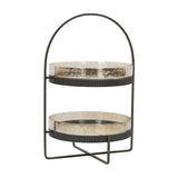 Libra Interiors Hammered Glass Two Tier Cake Stand with bronze iron frame, ribbed rims, arched carry handle and crossed base on a white background.