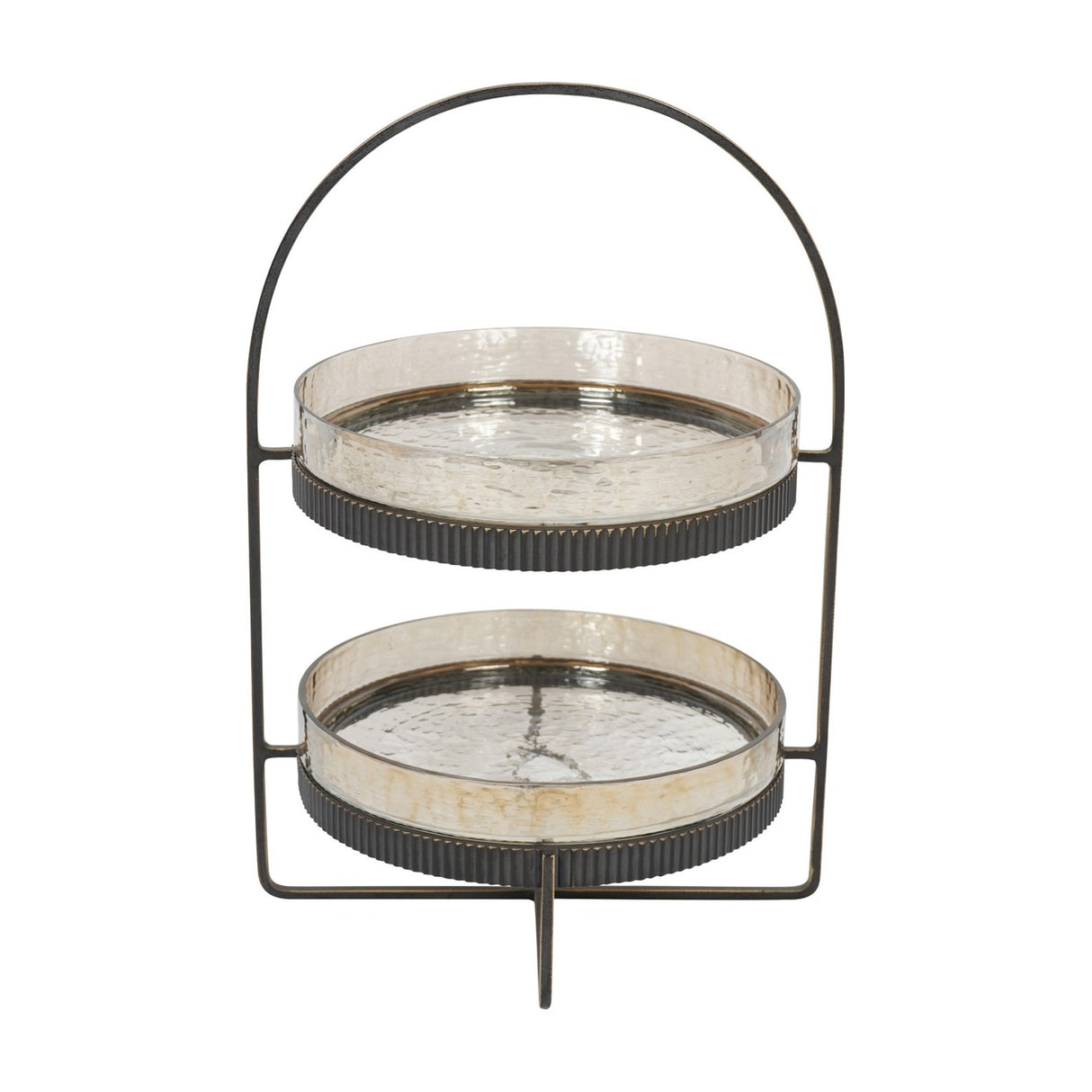 Libra Interiors Hammered Glass Two Tier Cake Stand in bronze, with two round textured glass trays, ribbed rims, arched handle and crossed base.