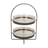 Libra Interiors Hammered Glass Two Tier Cake Stand in bronze, with two round textured glass trays, ribbed rims, arched handle and crossed base.