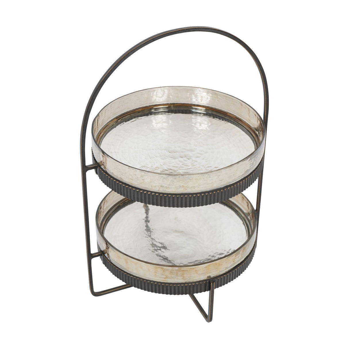 Libra Interiors Hammered Glass Two Tier Cake Stand in bronze, with two round textured glass trays, ribbed iron rims, arched carry handle and crossed base.