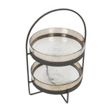Libra Interiors Hammered Glass Two Tier Cake Stand in bronze, with two round textured glass trays, ribbed iron rims, arched carry handle and crossed base.