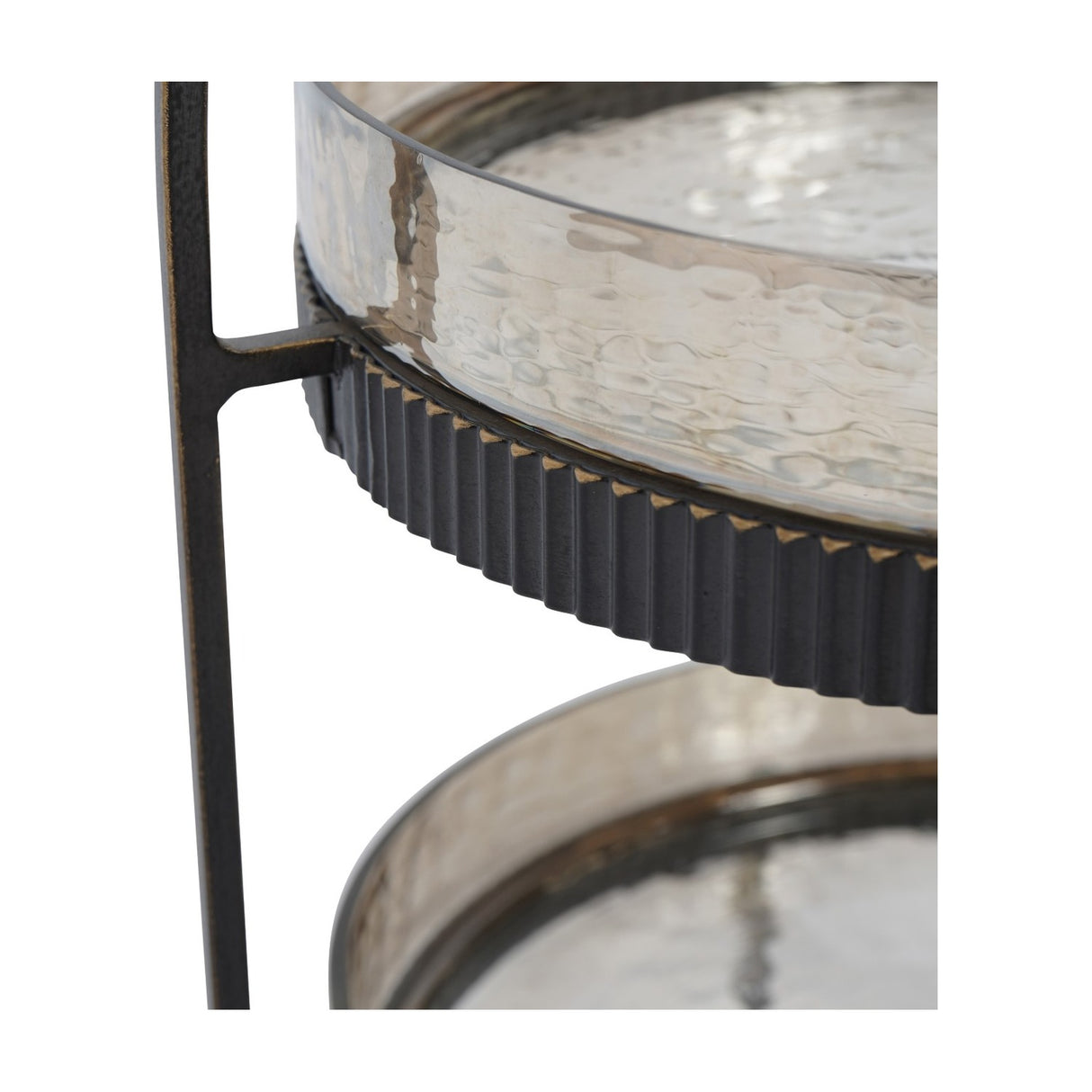Close-up of the Libra Interiors Hammered Glass Two Tier Cake Stand showing textured glass trays with ribbed bronze iron rims and frame.