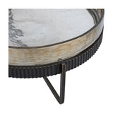 Close-up of Libra Interiors Hammered Glass Two Tier Cake Stand in bronze, showing textured glass tray with ribbed iron rim and angled black metal foot.