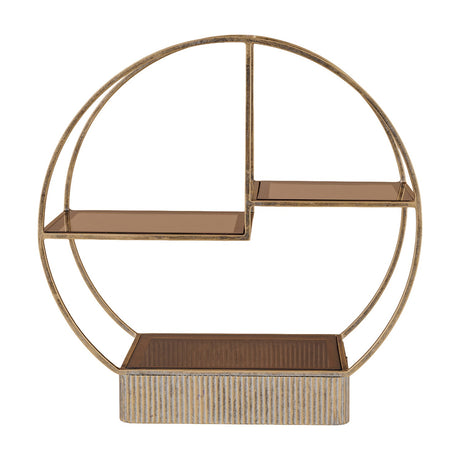 Libra Interiors Aged Gold Tiered Circular Cake Stand with three brown tinted glass shelves in an antiqued gold iron circular frame and ribbed base.