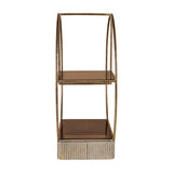 Libra Interiors Aged Gold Tiered Cake Stand with antiqued iron frame, two brown tinted glass shelves and ribbed corrugated base on white.