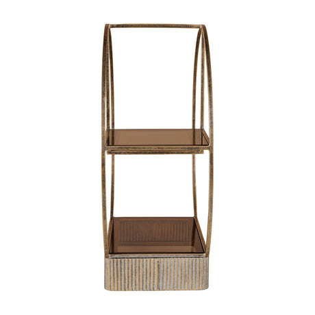 Libra Interiors Aged Gold Tiered Cake Stand with antiqued iron frame, two brown tinted glass shelves and ribbed corrugated base on white.