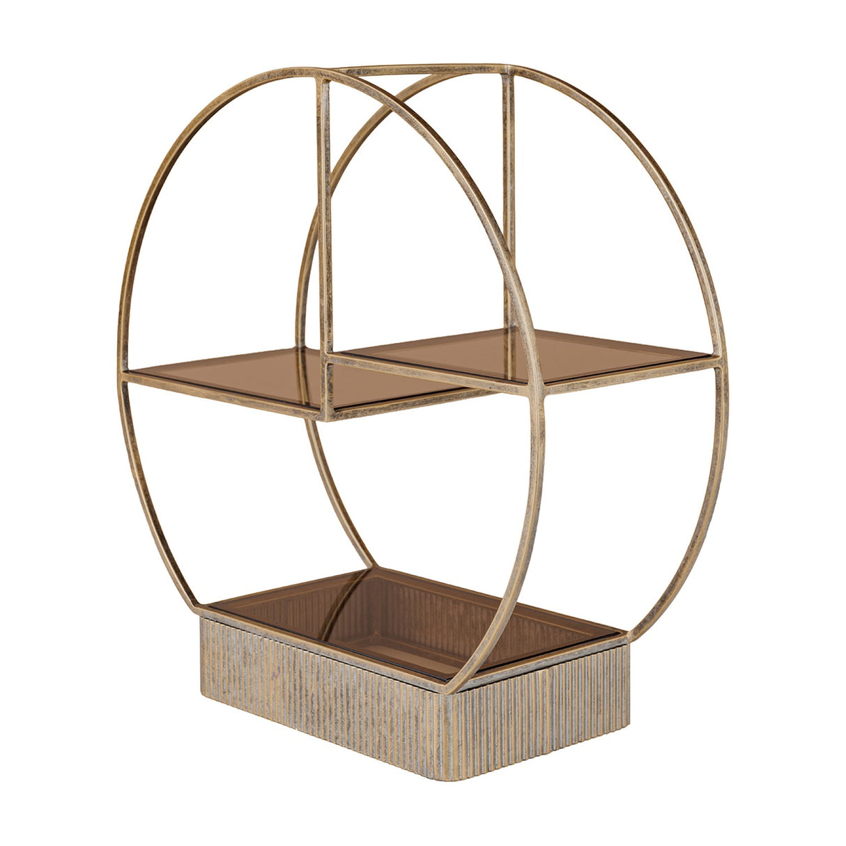 Libra Interiors Aged Gold Tiered Circular Cake Stand with antiqued iron round frame, three brown tinted glass shelves and ribbed corrugated base.