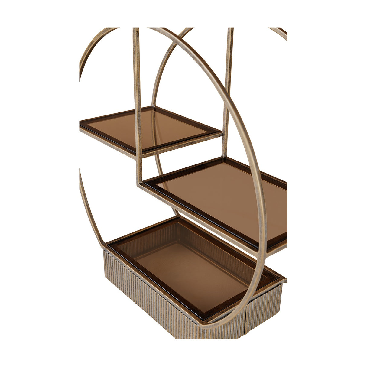 Libra Interiors Aged Gold Tiered Circular Cake Stand with three staggered brown tinted glass shelves and a ribbed corrugated base within a round frame.
