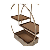 Libra Interiors Aged Gold Tiered Circular Cake Stand with three staggered brown tinted glass shelves and a ribbed corrugated base within a round frame.