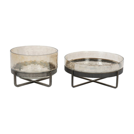Libra Interiors Textured Glass and Iron Cake Stands in bronze, a pair of round hammered glass dishes on ribbed iron frames with crossed bases.