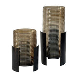 Ribbed Glass Bronzed Iron Hurricane Lantern – Brown