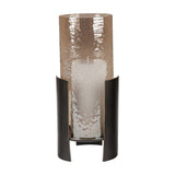 Libra Interiors Ribbed Glass Bronzed Iron Hurricane Lantern in brown, featuring a tall copper-toned cylindrical shade held within curved dark iron uprights.