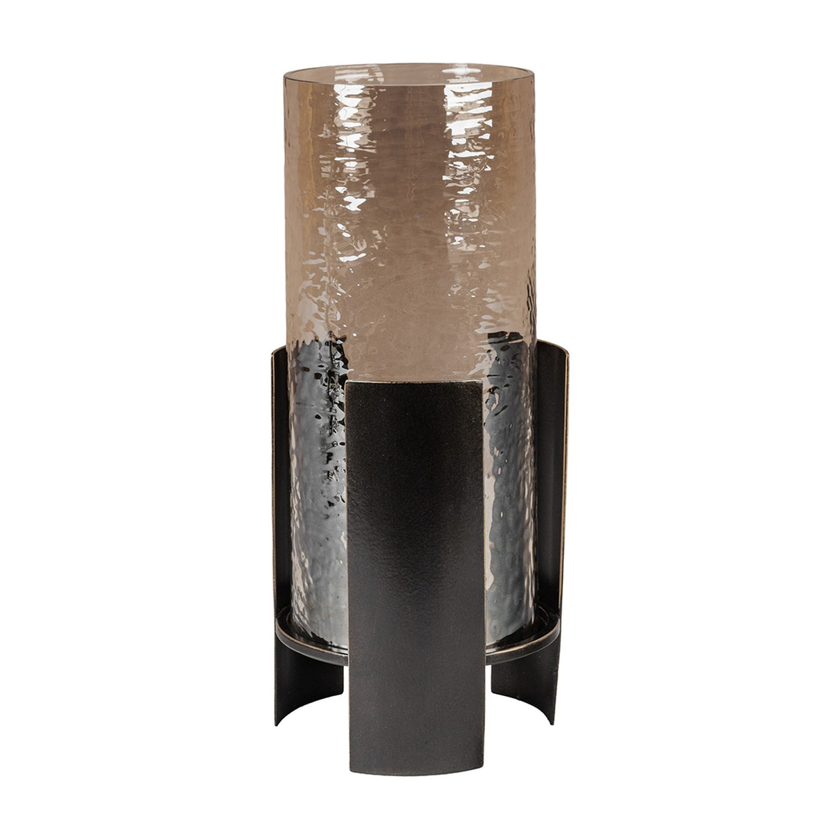 Libra Interiors Ribbed Glass Bronzed Iron Hurricane Lantern in brown, with a tall cylindrical shade set within a curved matte black iron frame.