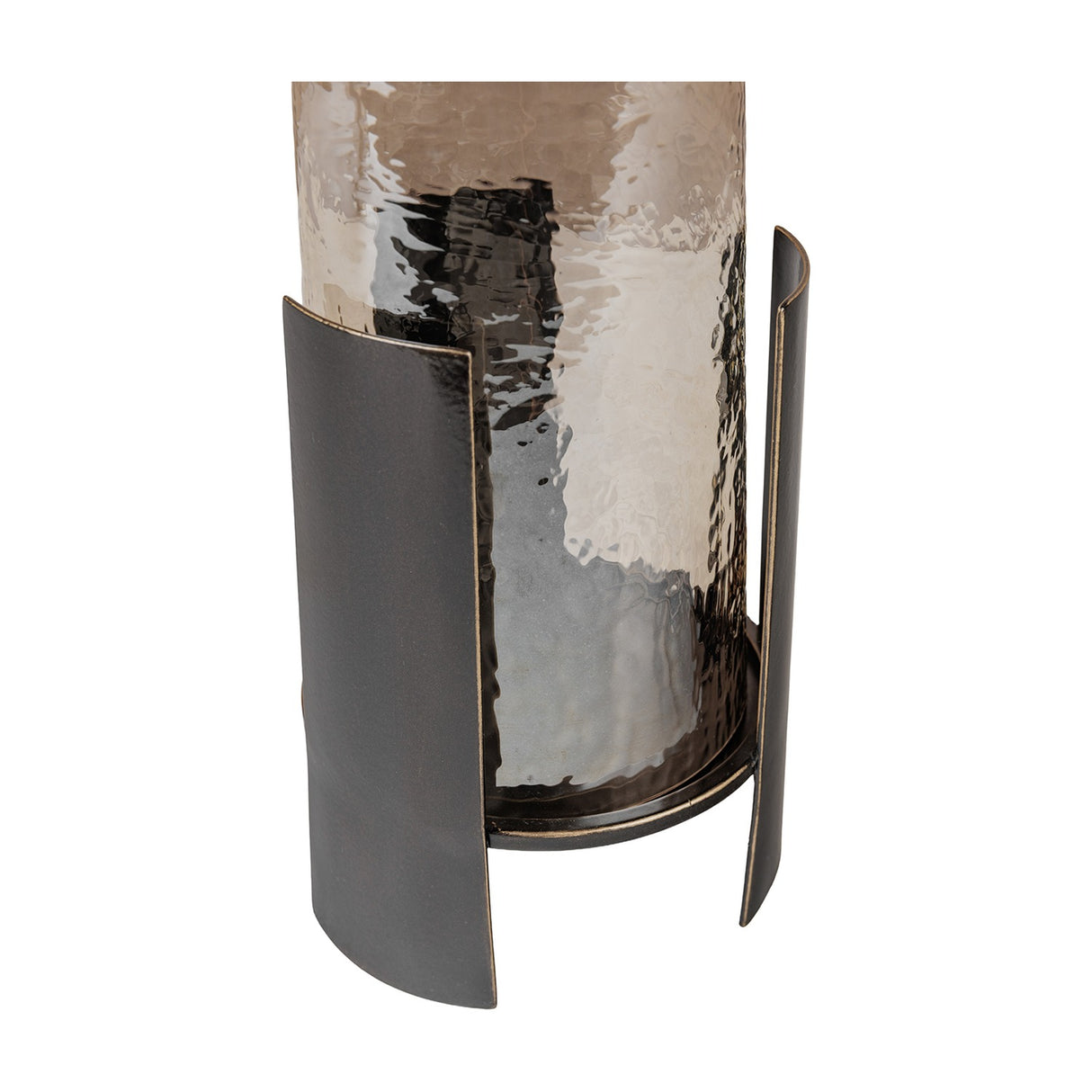 Libra Interiors Ribbed Glass Bronzed Iron Hurricane Lantern in brown, shown from a low angle highlighting the curved iron uprights cradling the textured shade.