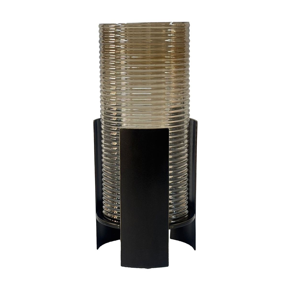 Libra Interiors Ribbed Glass Bronzed Iron Hurricane Lantern in brown, featuring a tall cylindrical ribbed glass shade held within a curved iron frame.