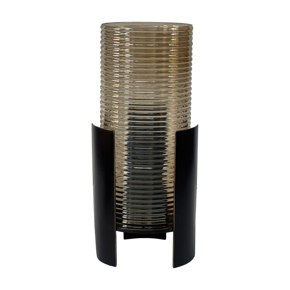 Libra Interiors ribbed brown glass hurricane lantern with a curved bronzed iron frame, shown on a plain white background.