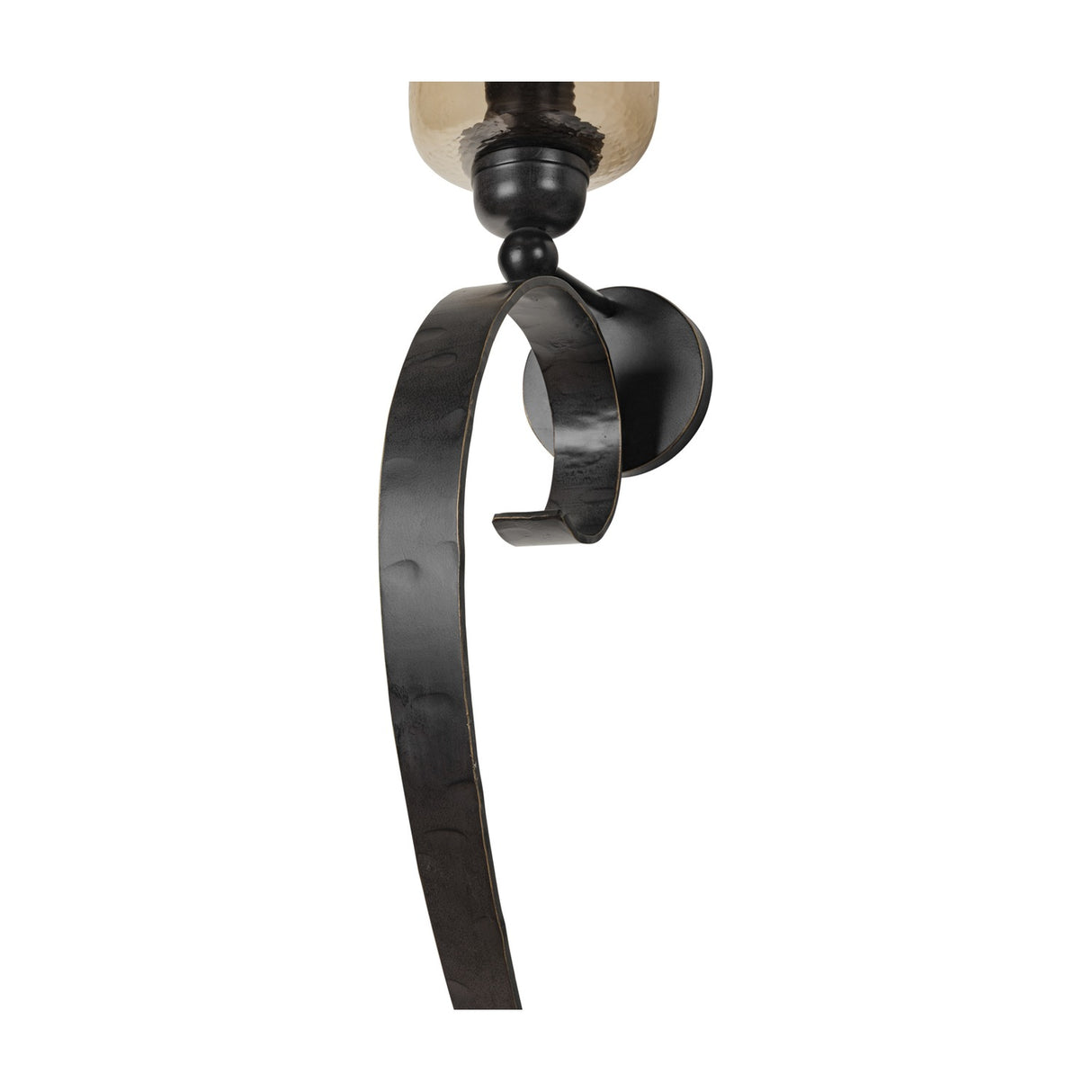 Libra Interiors Hammered Glass Iron Wall Candle Holder in brown, showing the scrolled iron arm and round mounting plate beneath the lustre glass shade.