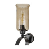 Libra Interiors Hammered Glass Iron Wall Candle Holder in brown with copper-brown lustre glass shade and scrolled iron arm on a white background.