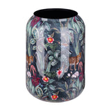 Libra Interiors Glossy Enamel Tropical Iron Vase in blue with multicolour leaves, flowers, leopards and hummingbirds, rounded body, black interior rim.