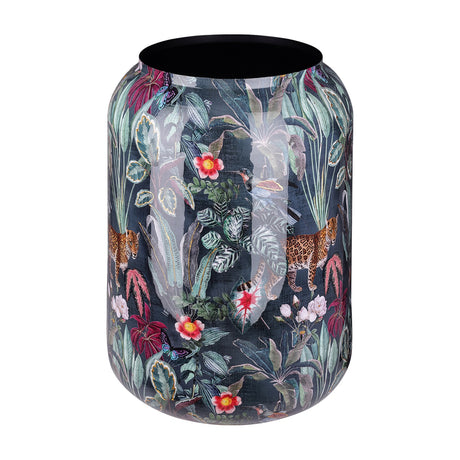 Libra Interiors Glossy Enamel Tropical Iron Vase in blue with multicolour leaves, flowers, leopards and hummingbirds, rounded body, black interior rim.