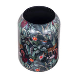 Libra Interiors Glossy Enamel Tropical Iron Vase in blue multicolour, top angle showing black interior and printed leaves, flowers, leopards and hummingbirds.